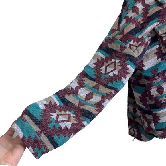 Aztec boho flannel schacket blue burgundy sweater jacket size med oversized - Picture 3 of 15